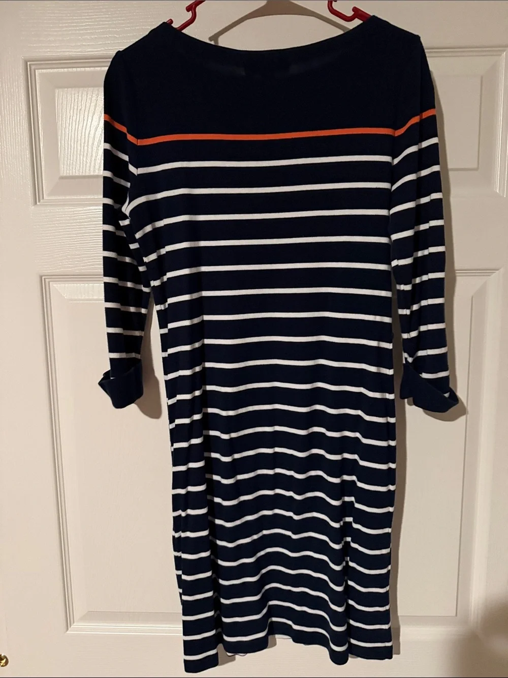 Lauren Ralph Lauren Navy and White Striped Boatneck Dress with Orange Trim